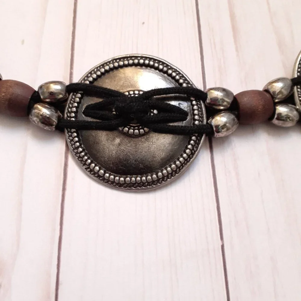 Vintage 80s Medallion & Bead Elastic Cord Belt Black Silvertone